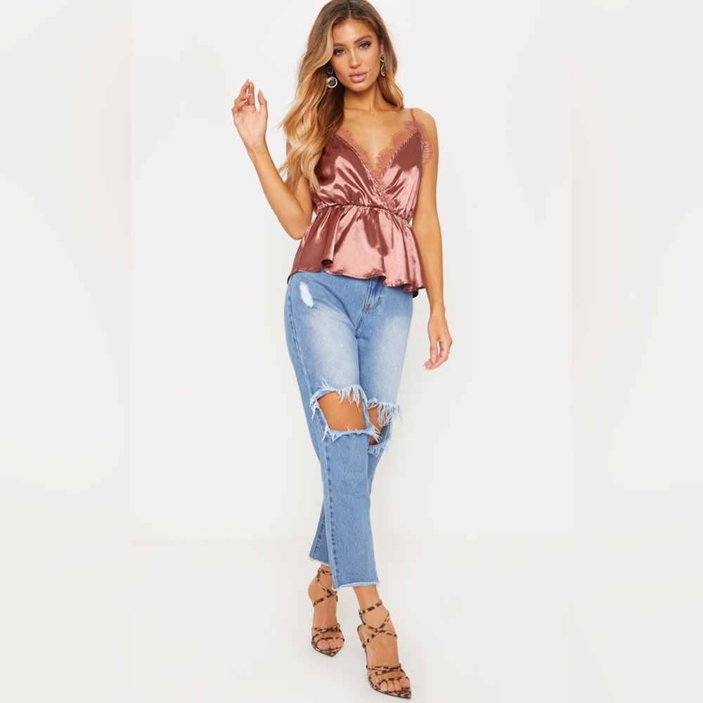 PrettyLittleThing- Rose Satin Eyelash Lace Detail Cami Top- NWT